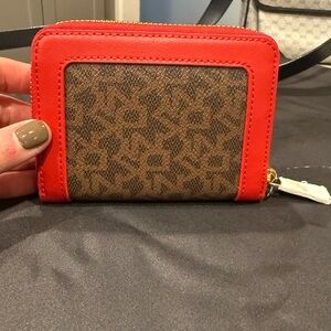 DKNY Zip Around Red Classic Logo Leather Wallet